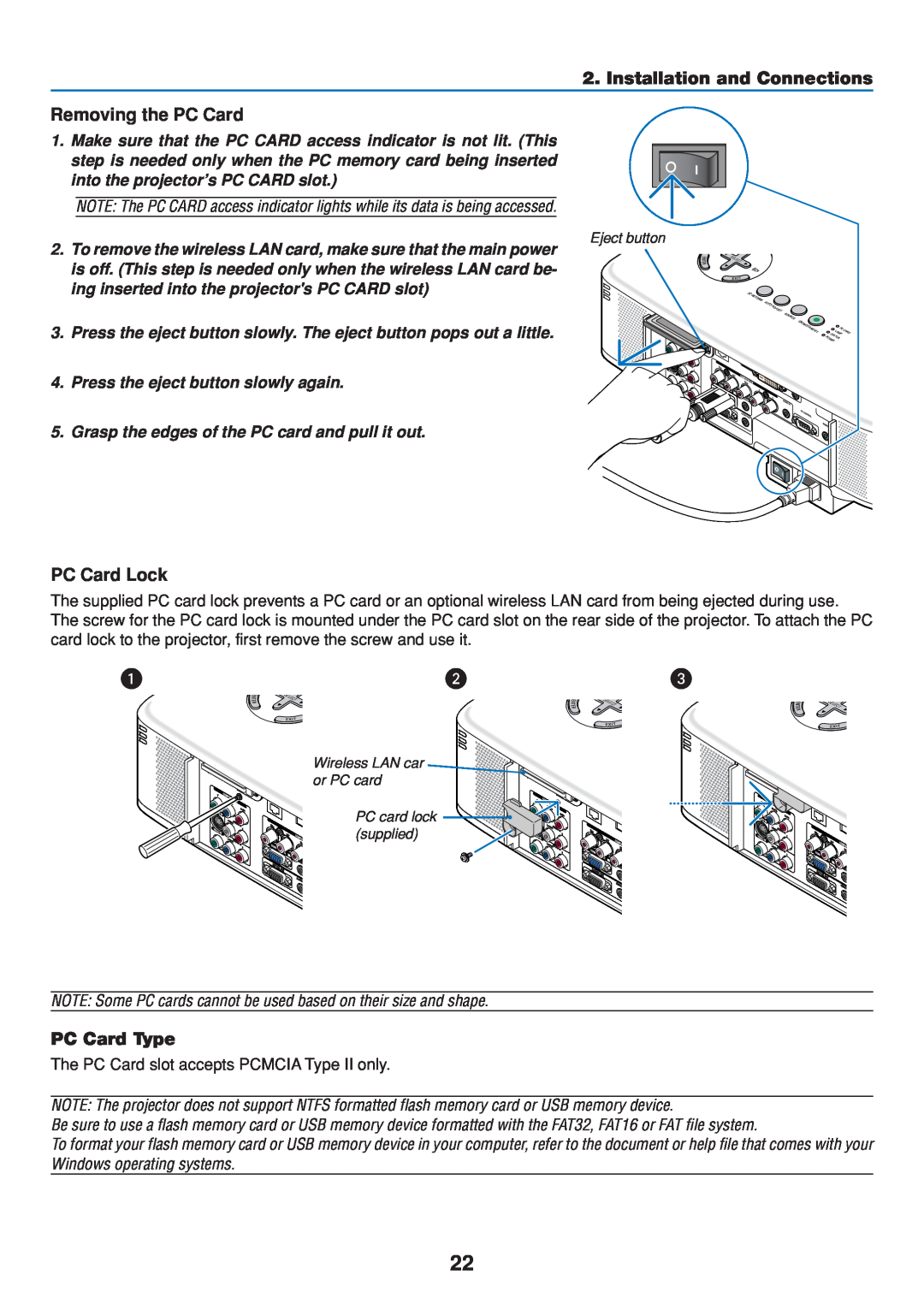 Dukane 8808 user manual Removing the PC Card, PC Card Lock, PC Card Type, Installation and Connections 