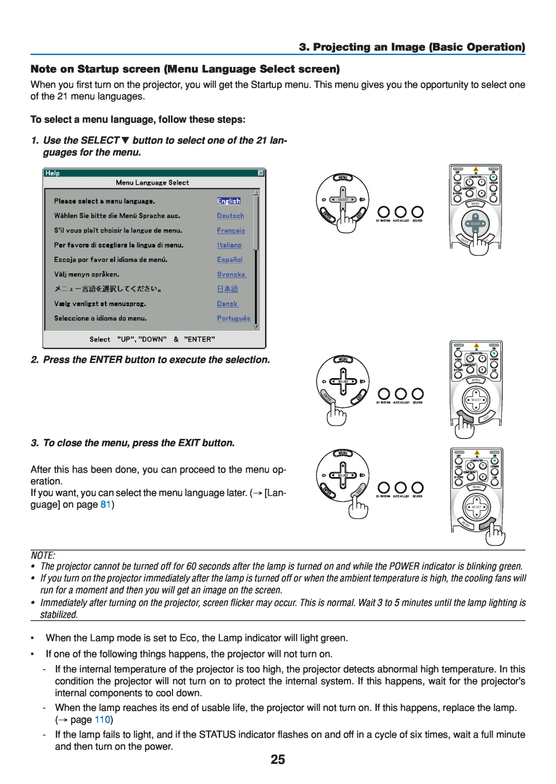 Dukane 8808 user manual Projecting an Image Basic Operation, Note on Startup screen Menu Language Select screen 