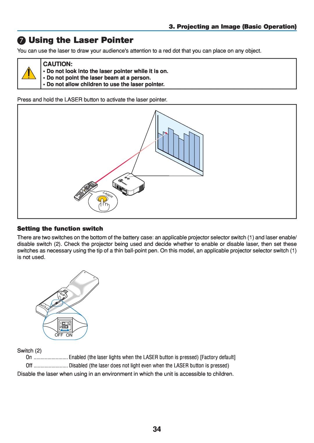 Dukane 8808 user manual Using the Laser Pointer, Setting the function switch, Projecting an Image Basic Operation 