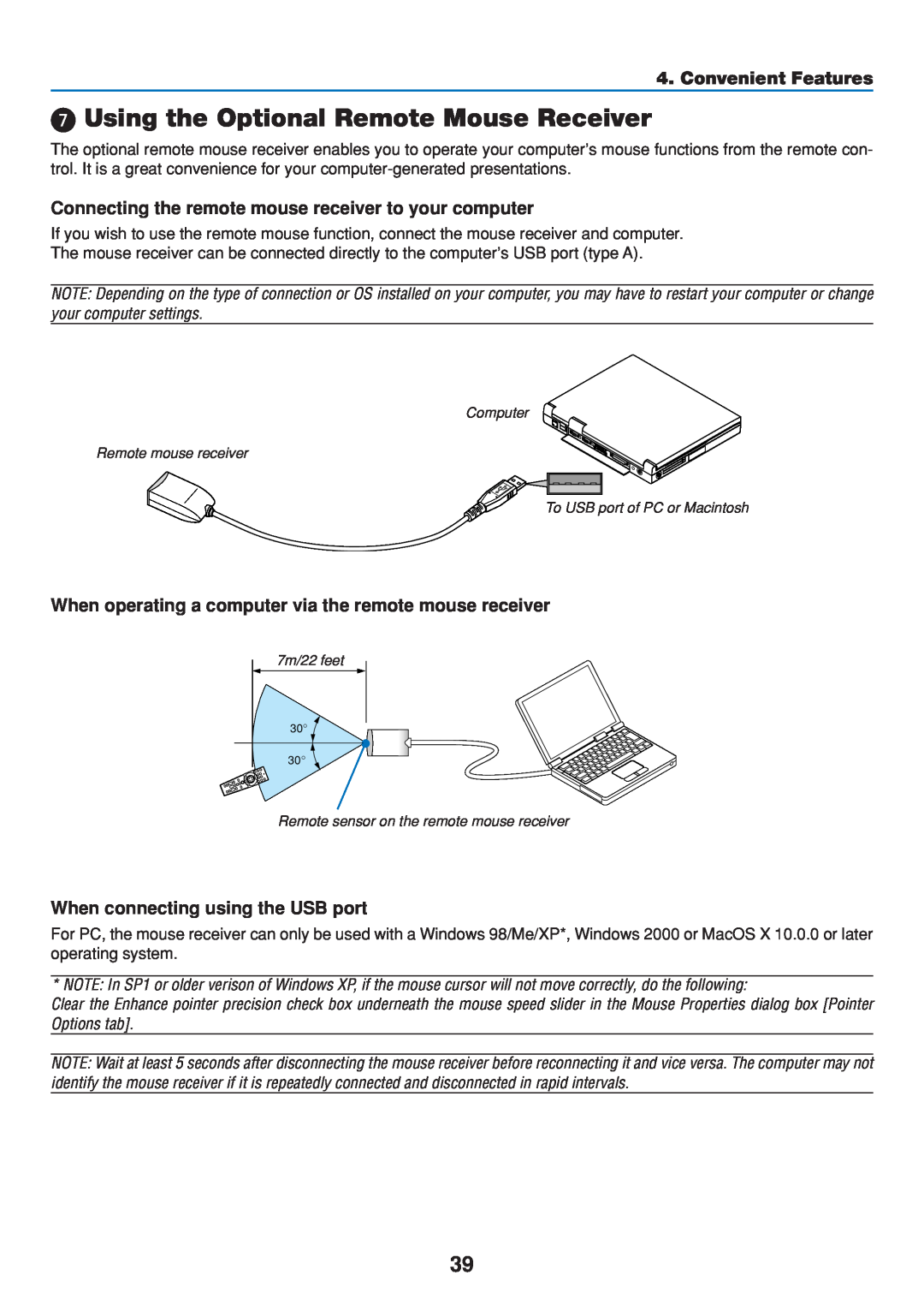 Dukane 8808 user manual Using the Optional Remote Mouse Receiver, Connecting the remote mouse receiver to your computer 