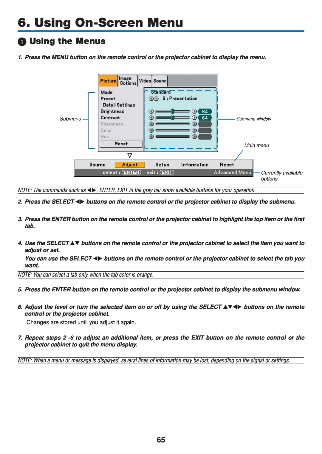 Dukane 8808 user manual Using On-Screen Menu, Using the Menus 