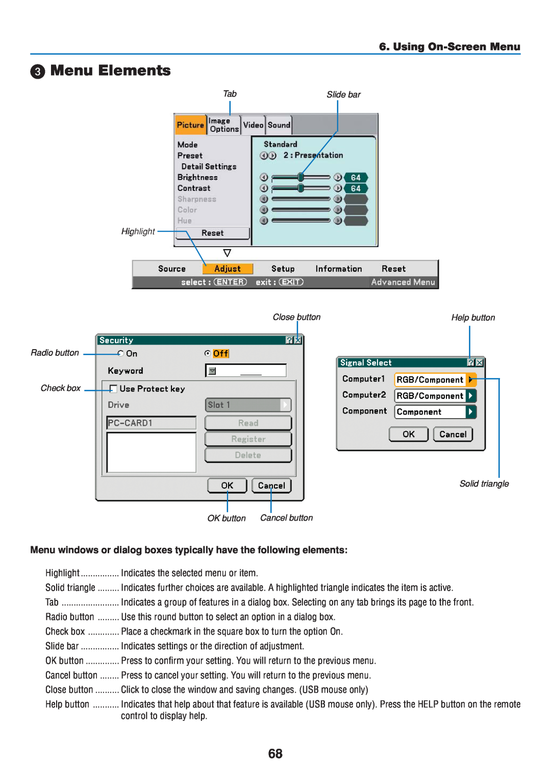 Dukane 8808 Menu Elements, Using On-Screen Menu, Menu windows or dialog boxes typically have the following elements 