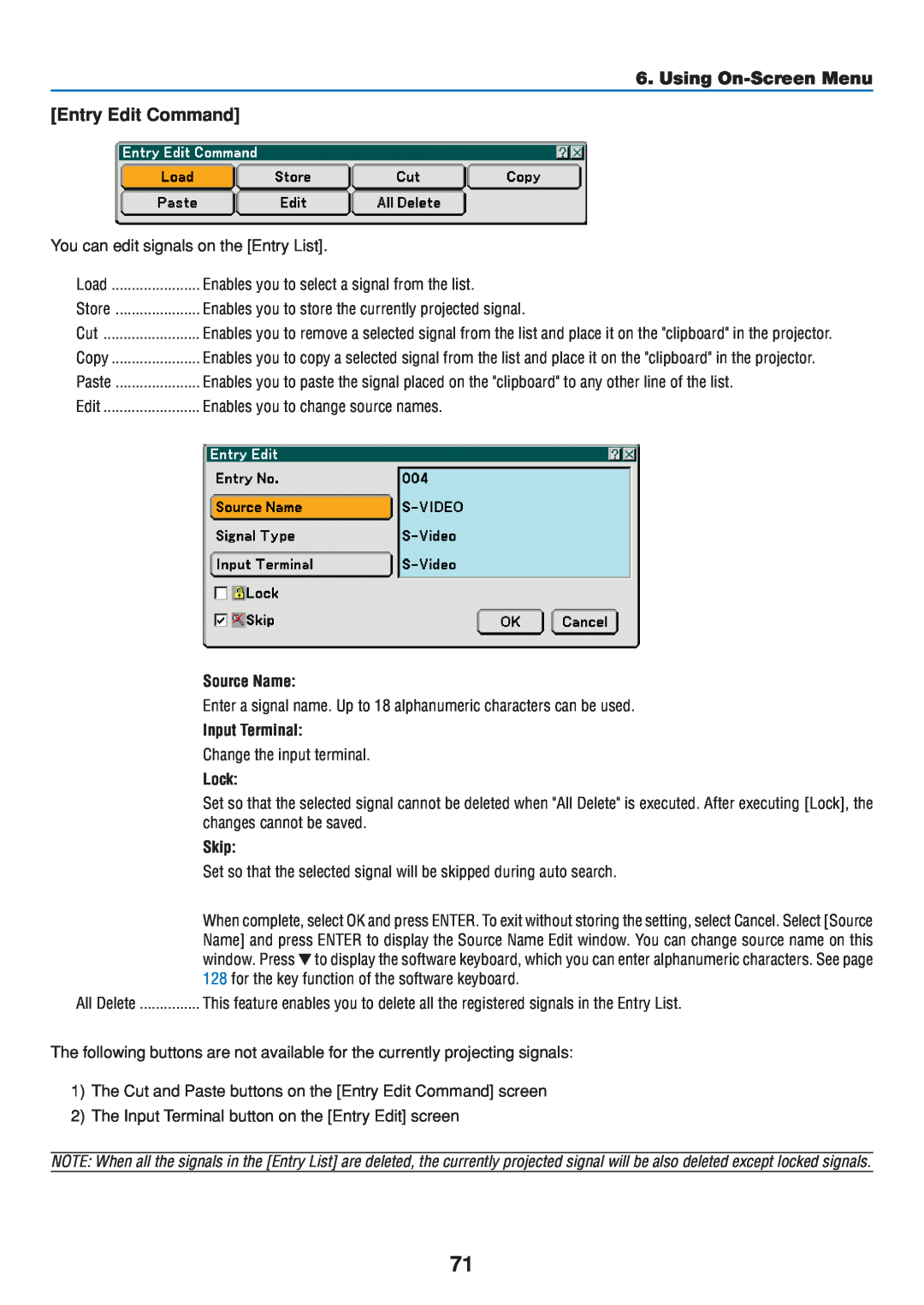 Dukane 8808 user manual Entry Edit Command, Using On-Screen Menu, Source Name, Input Terminal, Lock, Skip 