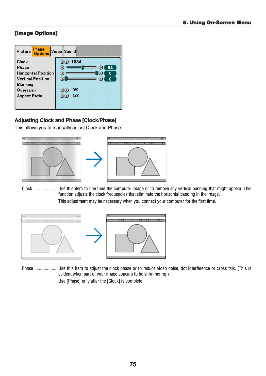 Dukane 8808 user manual Using On-Screen Menu Image Options, Adjusting Clock and Phase Clock/Phase 