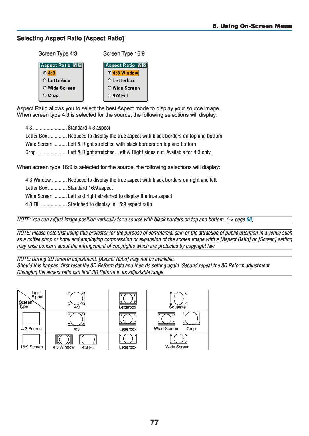 Dukane 8808 user manual Selecting Aspect Ratio Aspect Ratio, Using On-Screen Menu, Screen Type, Standard 43 aspect 