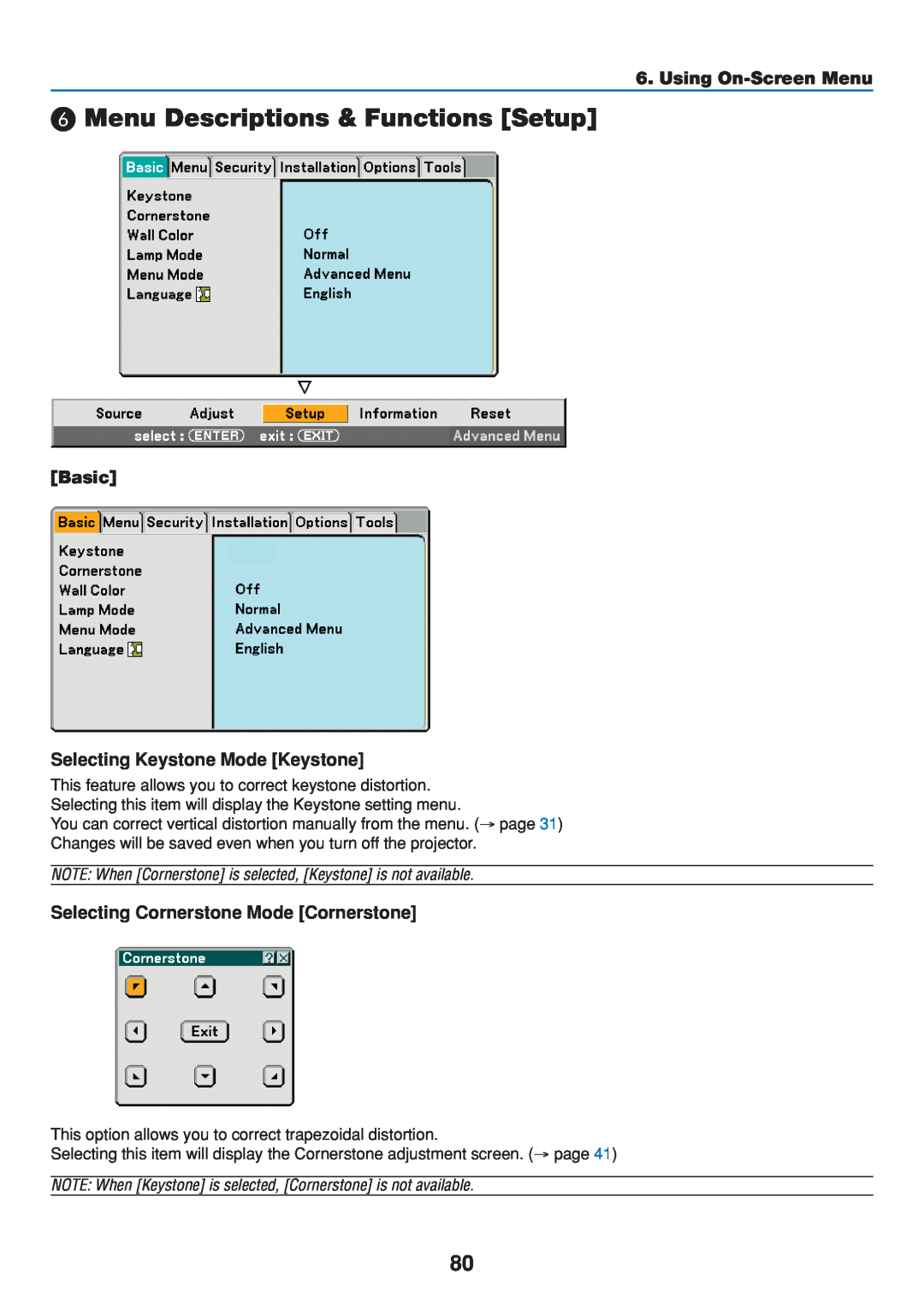Dukane 8808 user manual Menu Descriptions & Functions Setup, Basic, Selecting Keystone Mode Keystone, Using On-Screen Menu 