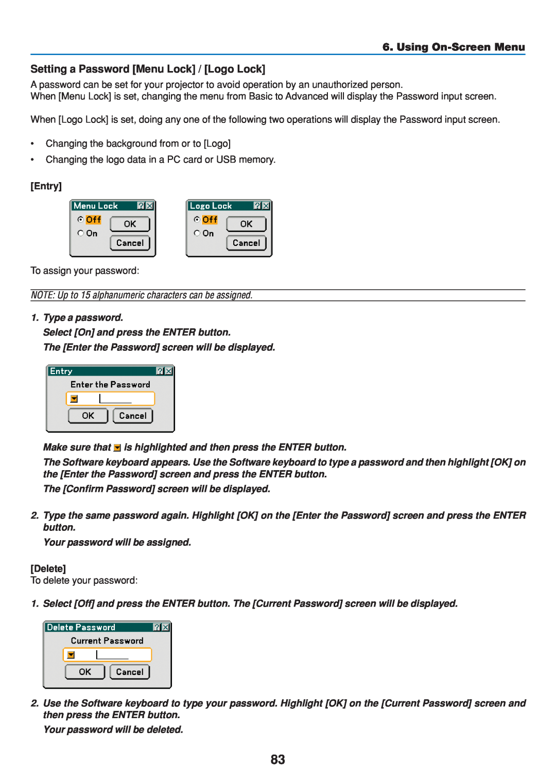 Dukane 8808 user manual Setting a Password Menu Lock / Logo Lock, Using On-Screen Menu, Entry, Delete 