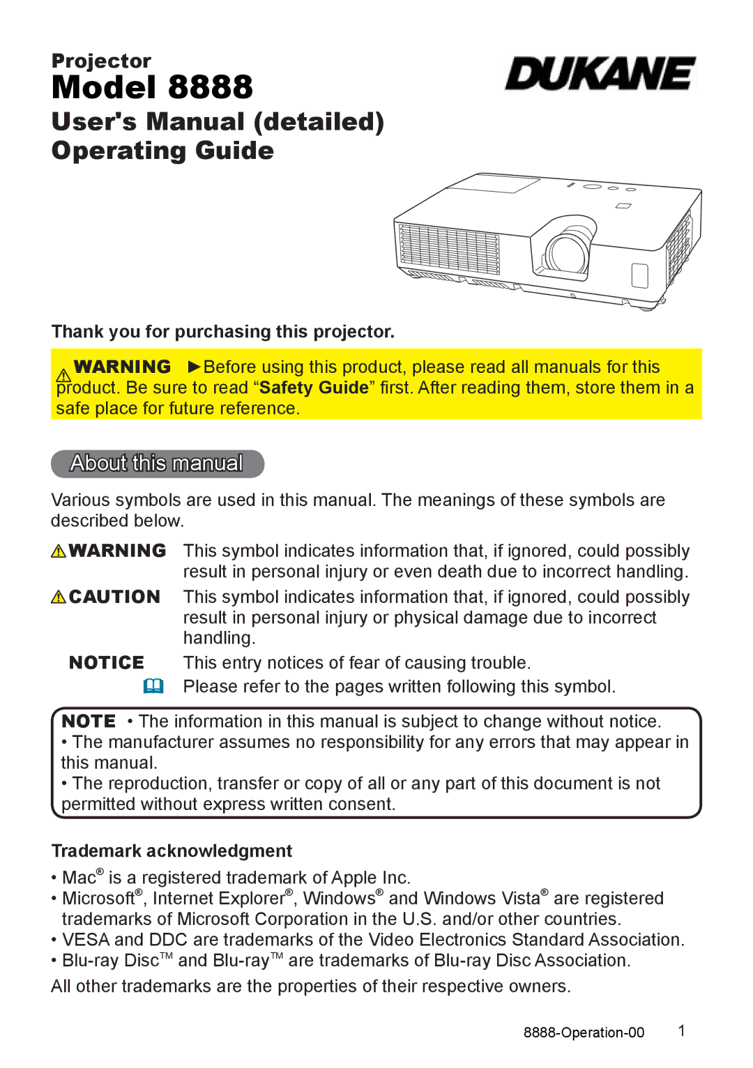 Dukane 8888 user manual About this manual, Thank you for purchasing this projector, Trademark acknowledgment 