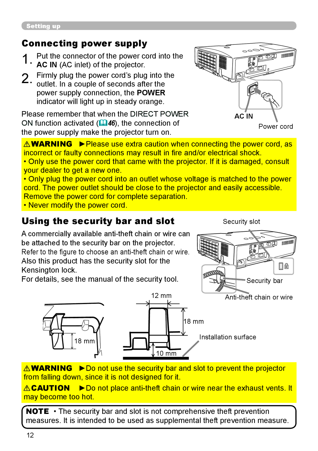 Dukane 8888 user manual Connecting power supply, Using the security bar and slot 