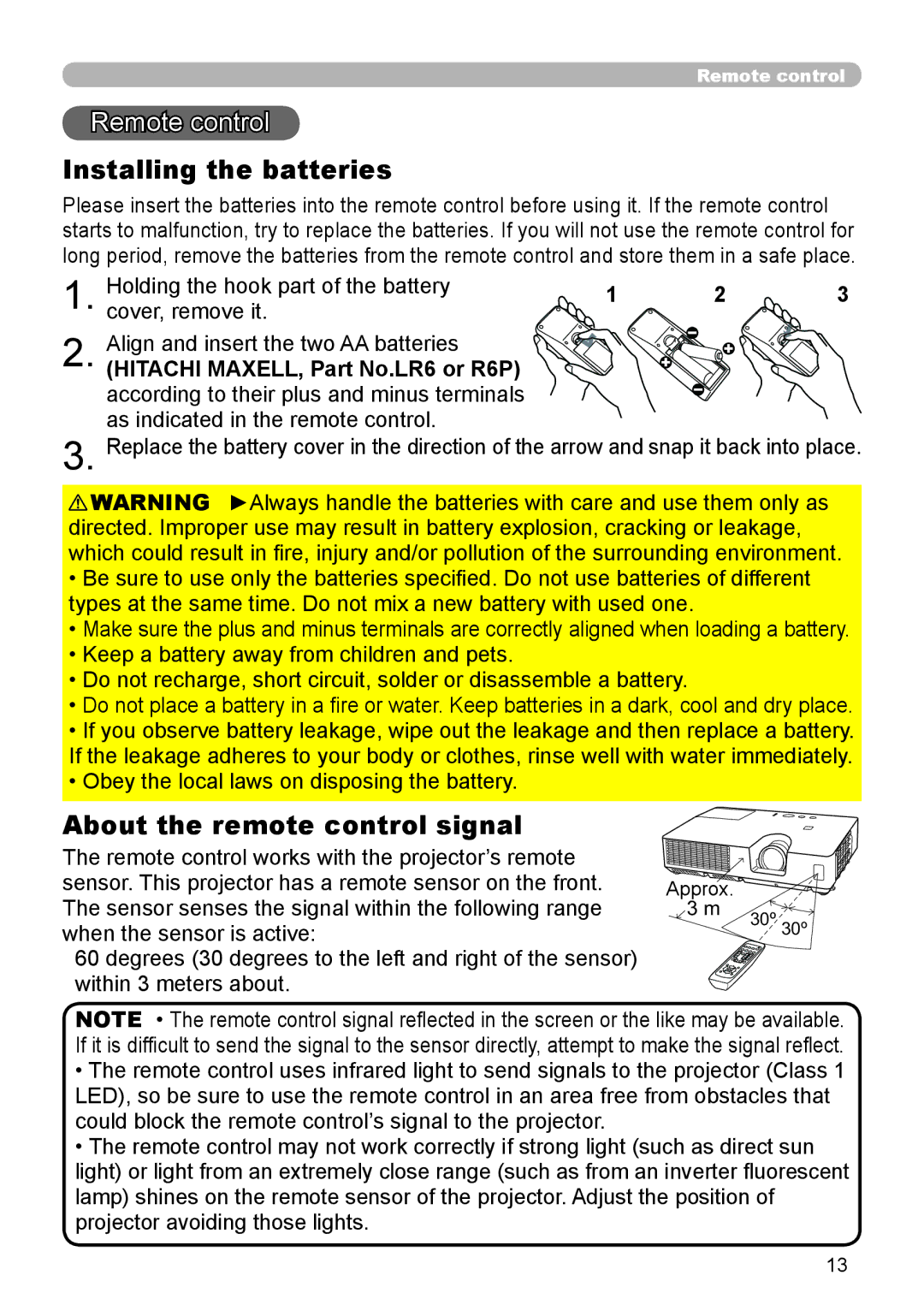 Dukane 8888 user manual Remote control, Installing the batteries, About the remote control signal 