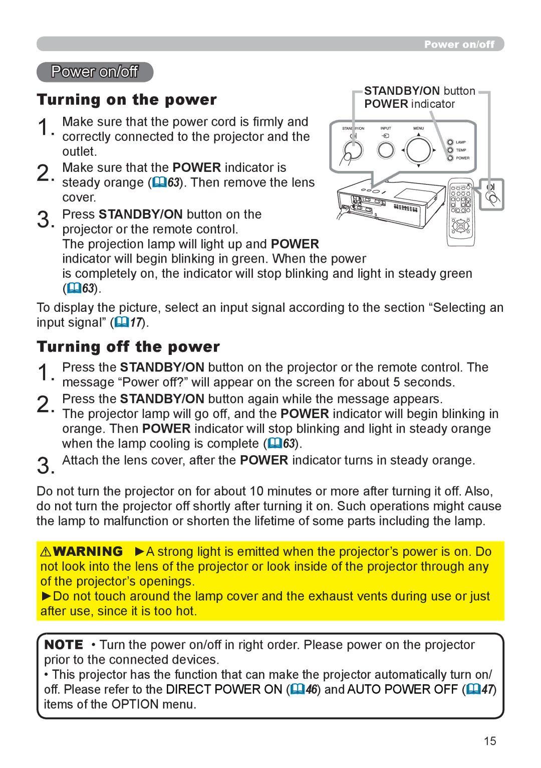 Dukane 8888 user manual Power on/off, Turning on the power, Turning off the power, STANDBY/ON button Power indicator 