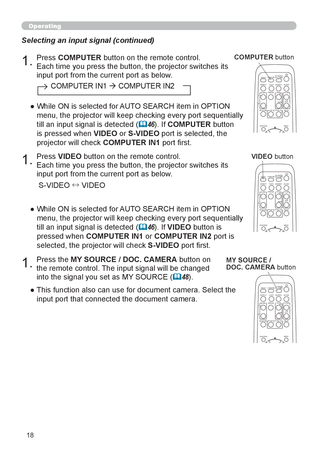 Dukane 8888 user manual Press the MY Source / DOC. Camera button on, Computer button, Video button 