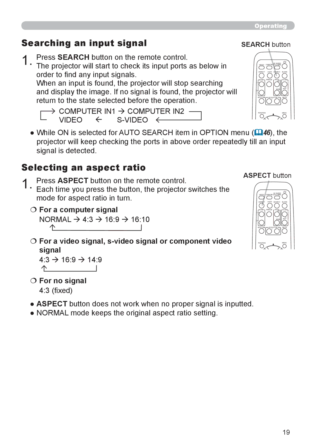 Dukane 8888 user manual Searching an input signal, Selecting an aspect ratio,  For a computer signal 