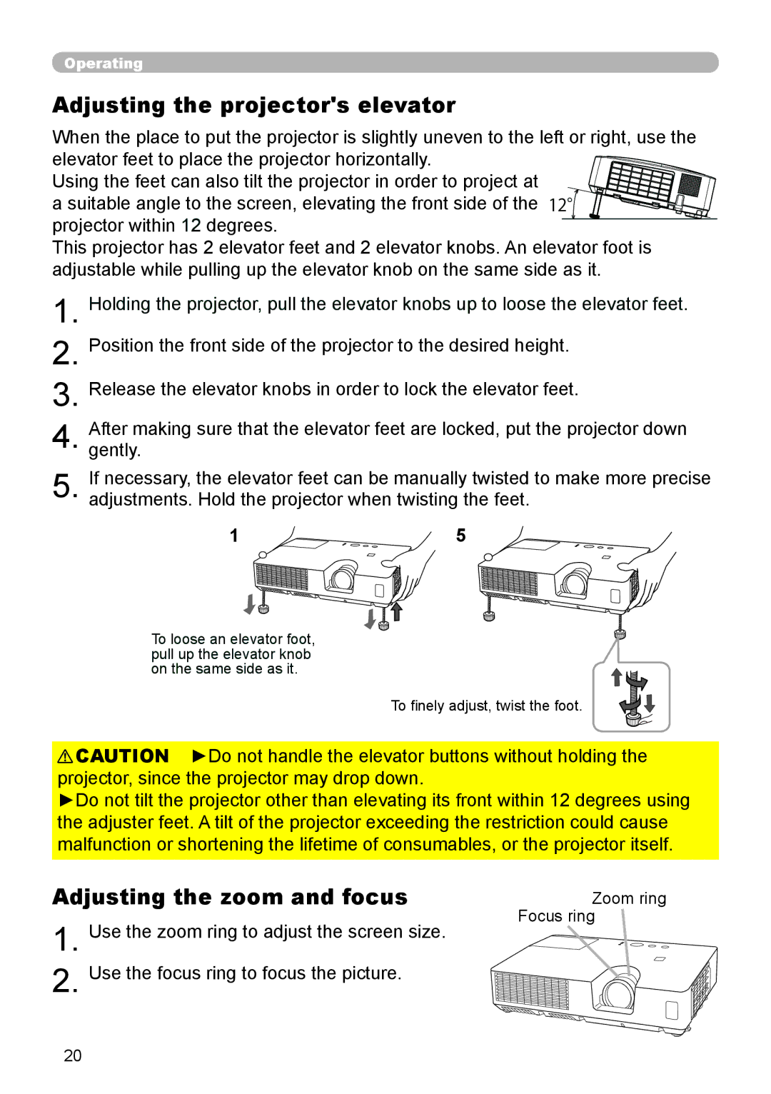 Dukane 8888 user manual Adjusting the projectors elevator, Adjusting the zoom and focus 