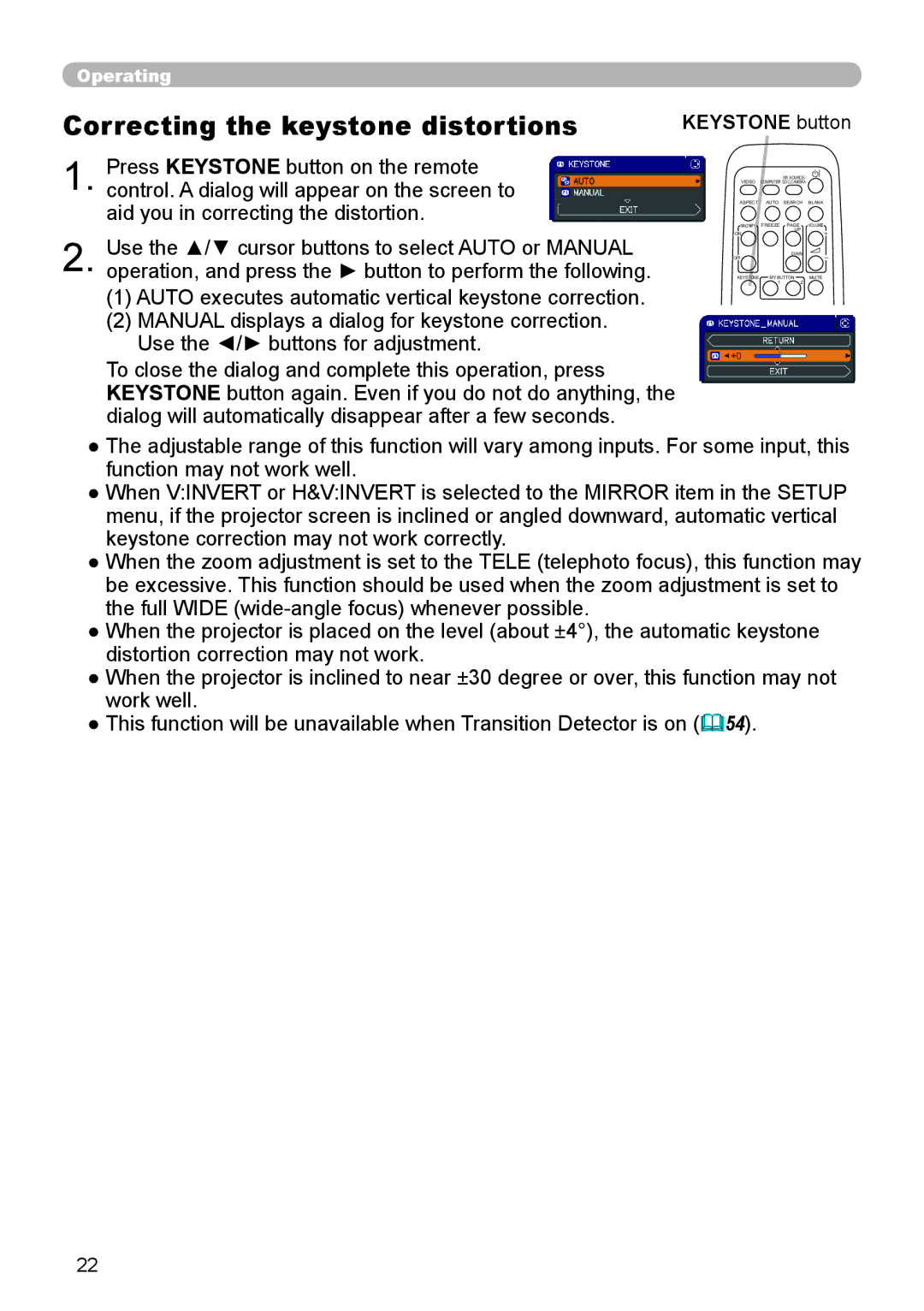 Dukane 8888 user manual Correcting the keystone distortions, Keystone button 