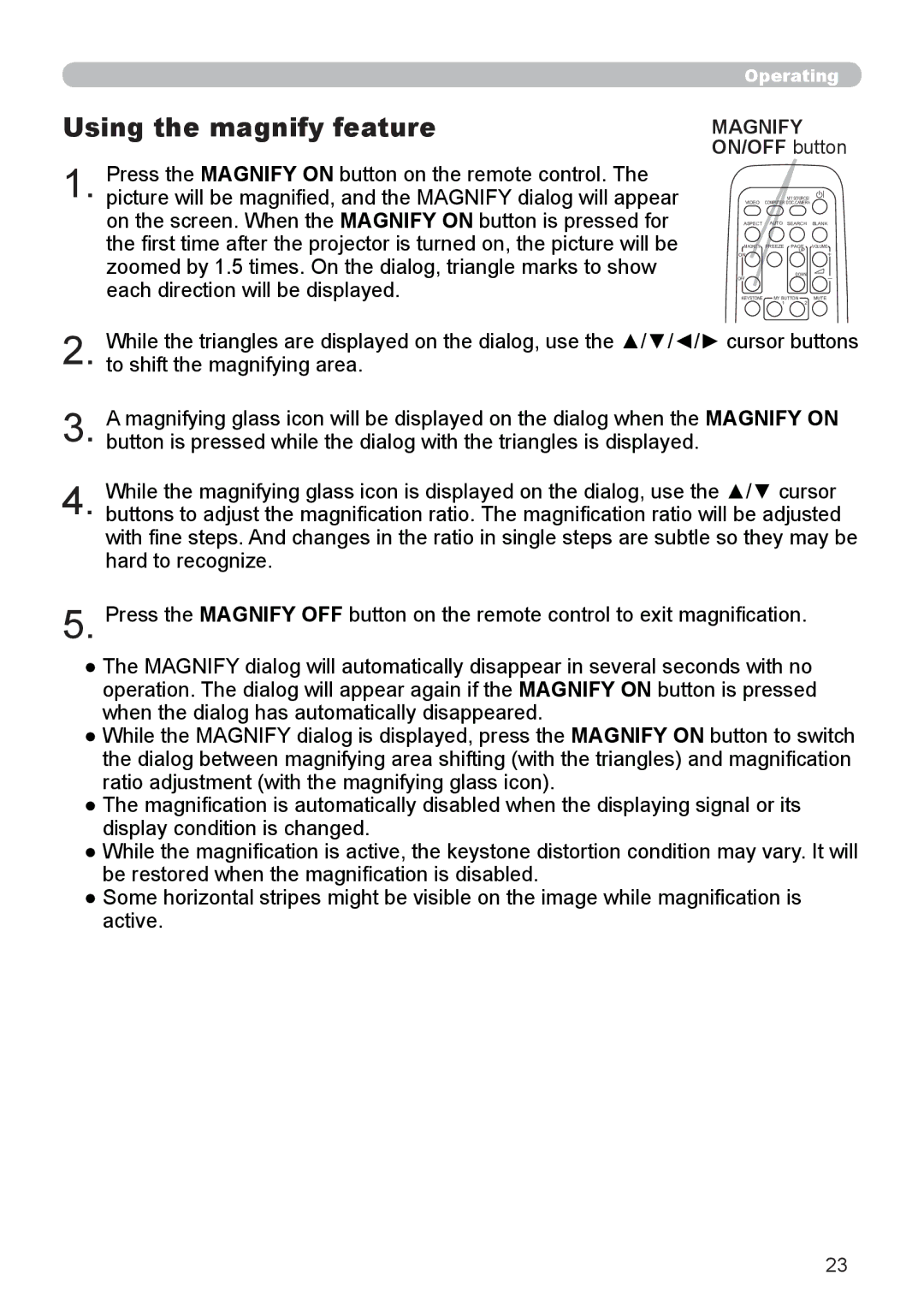 Dukane 8888 user manual Using the magnify feature, Magnify ON/OFF button 