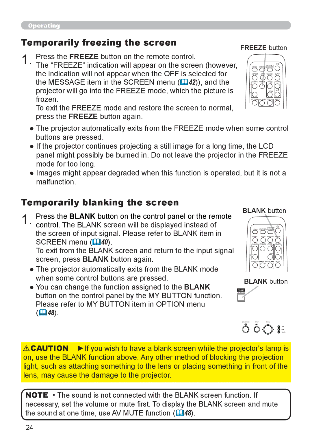 Dukane 8888 user manual Temporarily freezing the screen, Temporarily blanking the screen, Freeze button, Blank button 