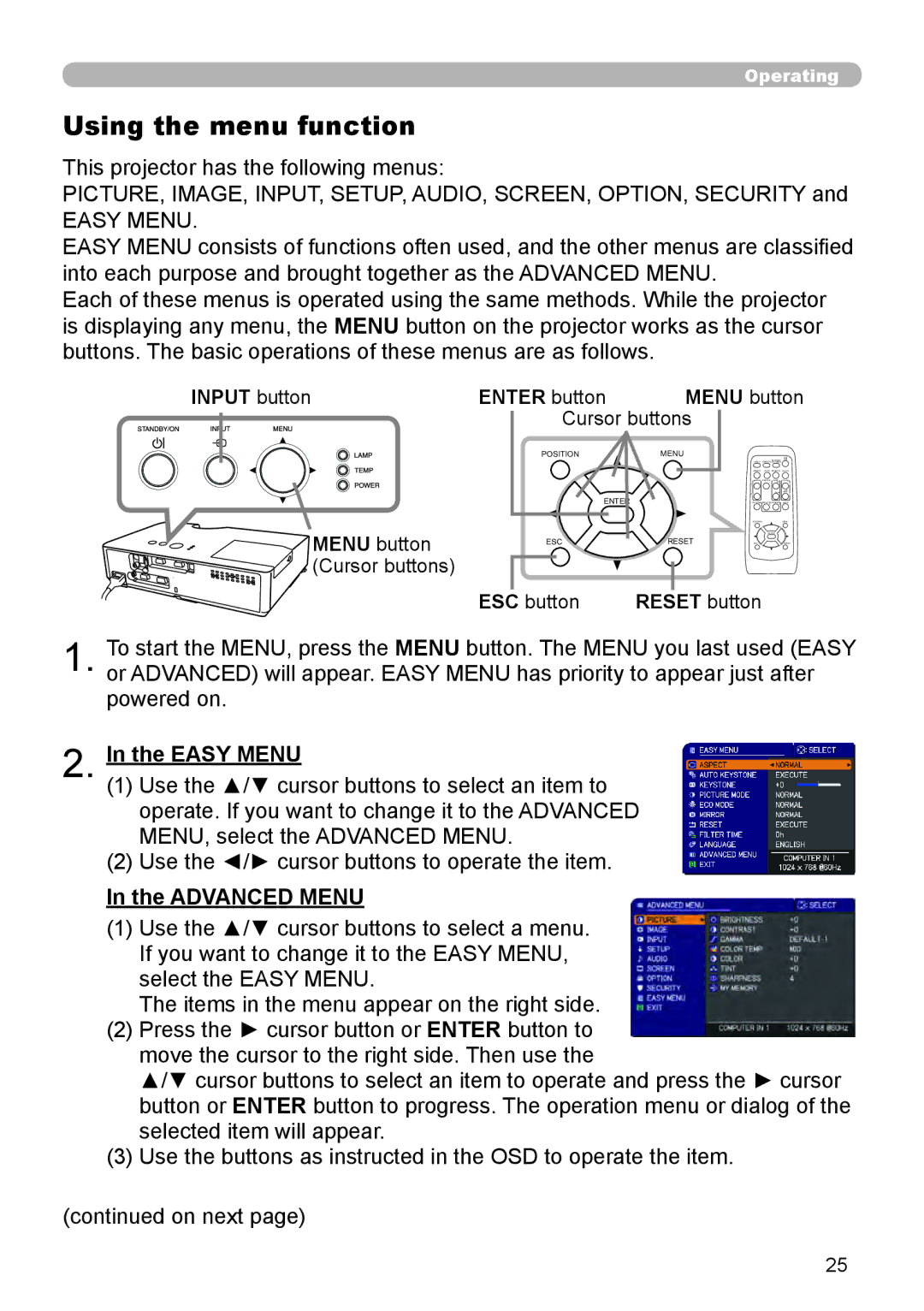 Dukane 8888 user manual Using the menu function, Easy Menu, Advanced Menu, Input button Enter button, Reset button 