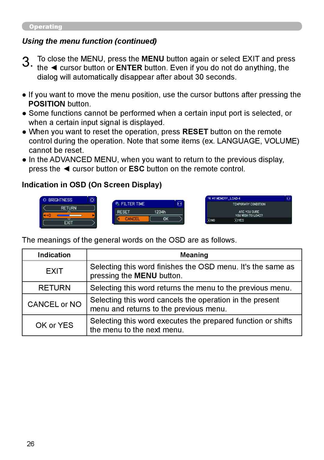 Dukane 8888 user manual Position button, Indication in OSD On Screen Display, Indication Meaning 