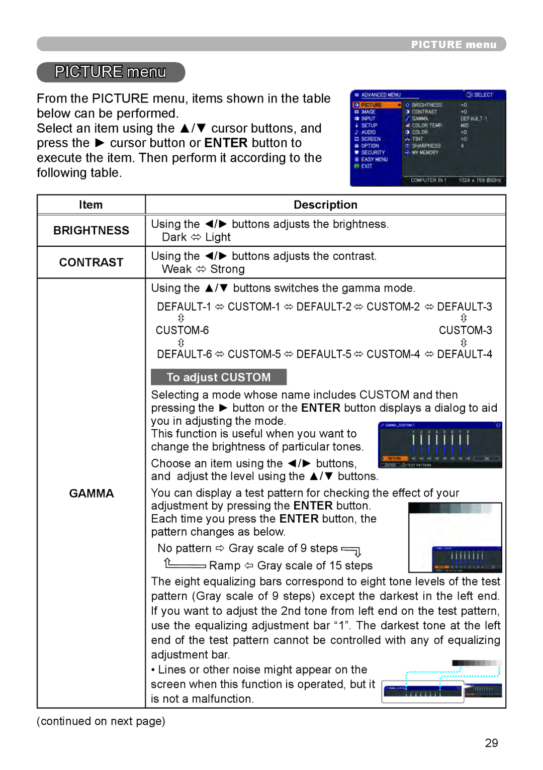 Dukane 8888 user manual Picture menu, Brightness, Contrast, Gamma 