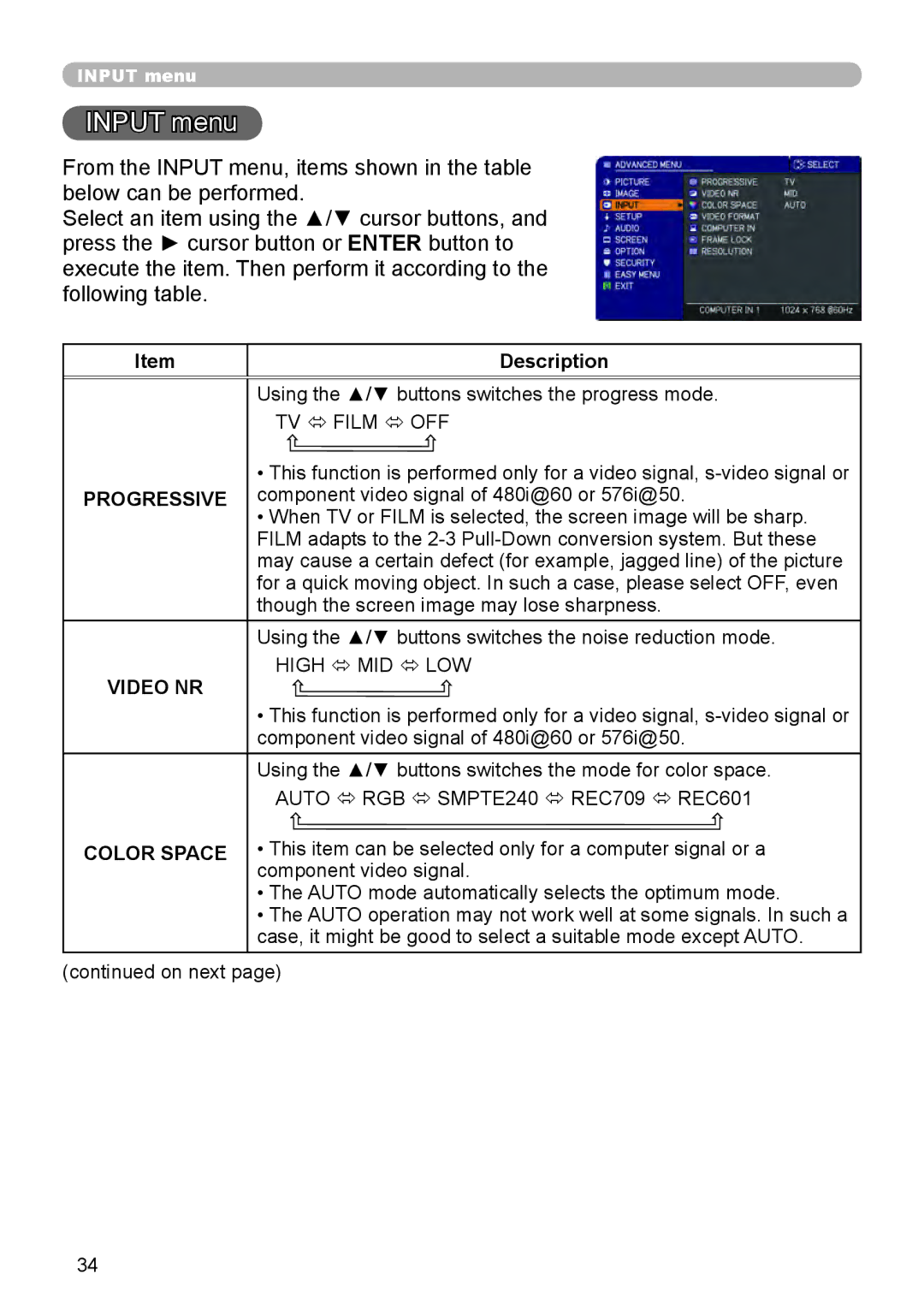 Dukane 8888 user manual Input menu, Progressive, Video NR, Color Space 