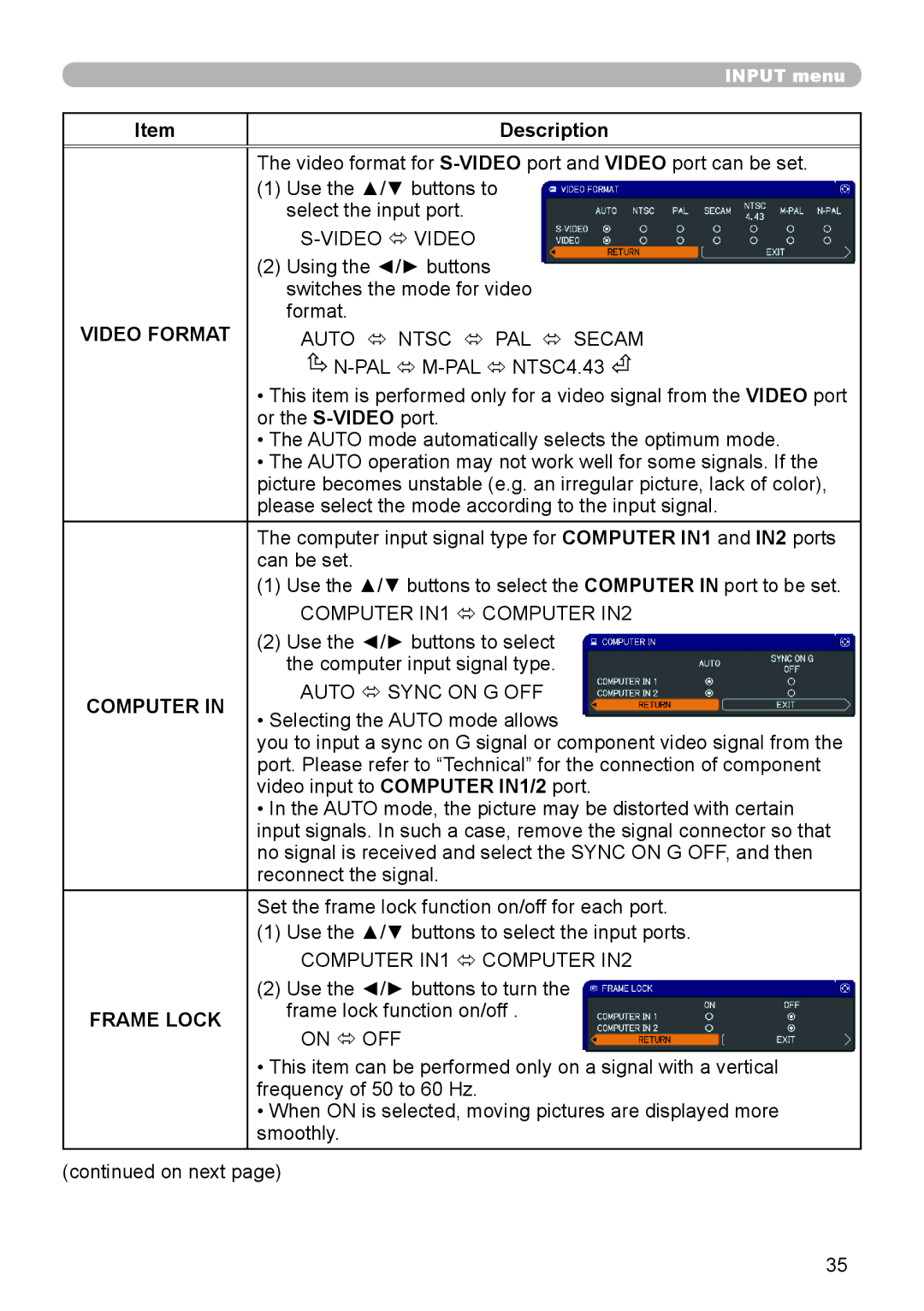 Dukane 8888 user manual Video Format, Computer, Frame Lock 