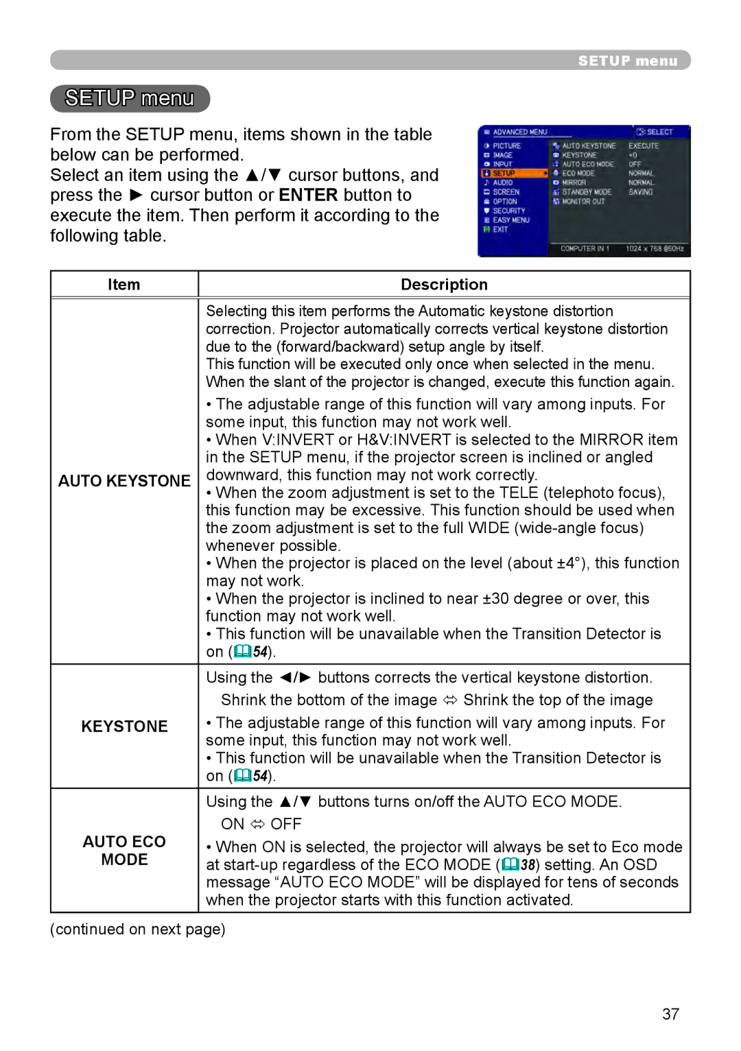 Dukane 8888 user manual Setup menu, Auto ECO, Mode 