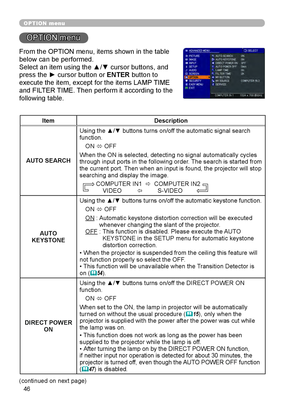 Dukane 8888 user manual Option menu, Auto Search, Direct Power 