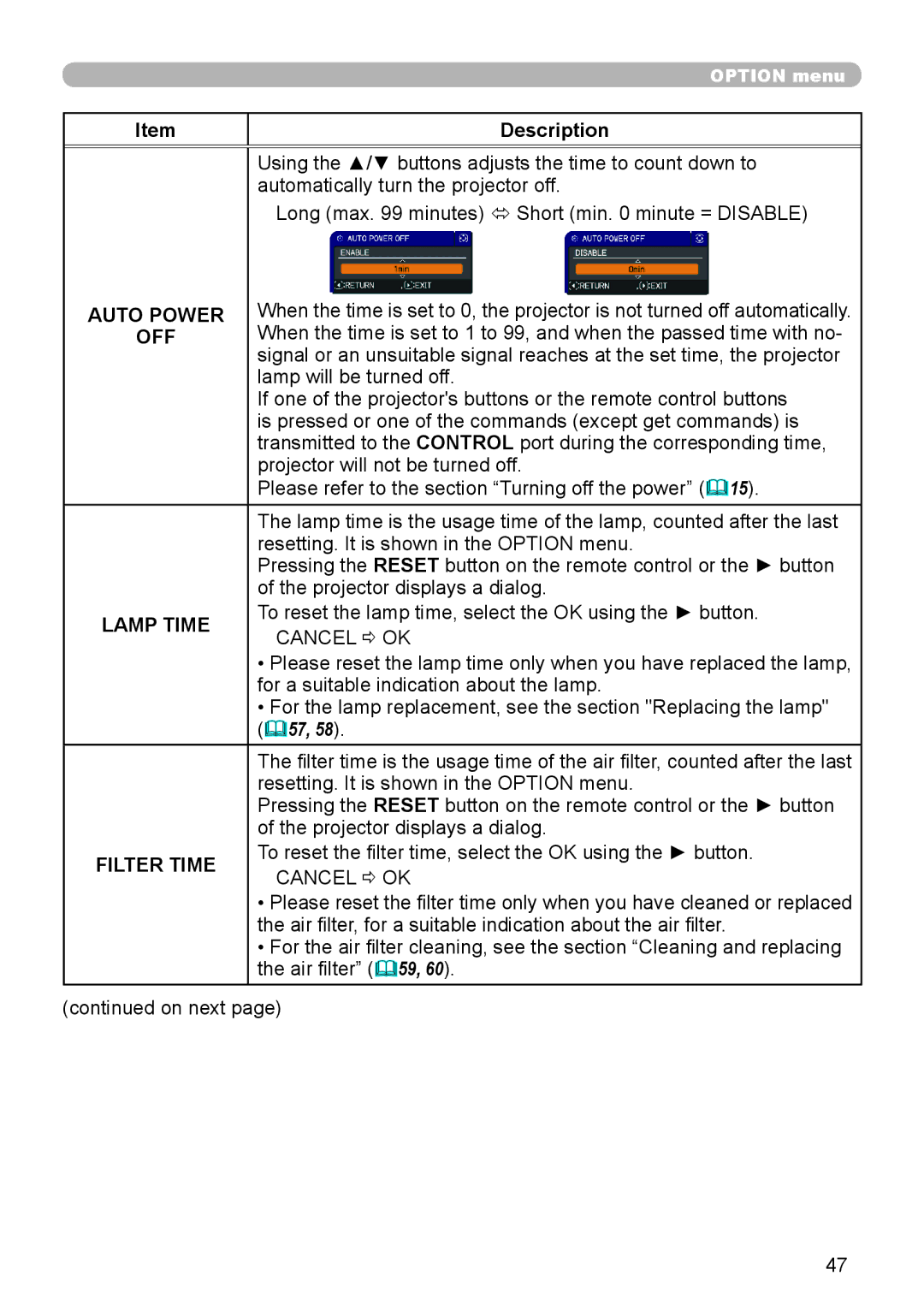 Dukane 8888 user manual Auto Power, Off, Lamp Time 