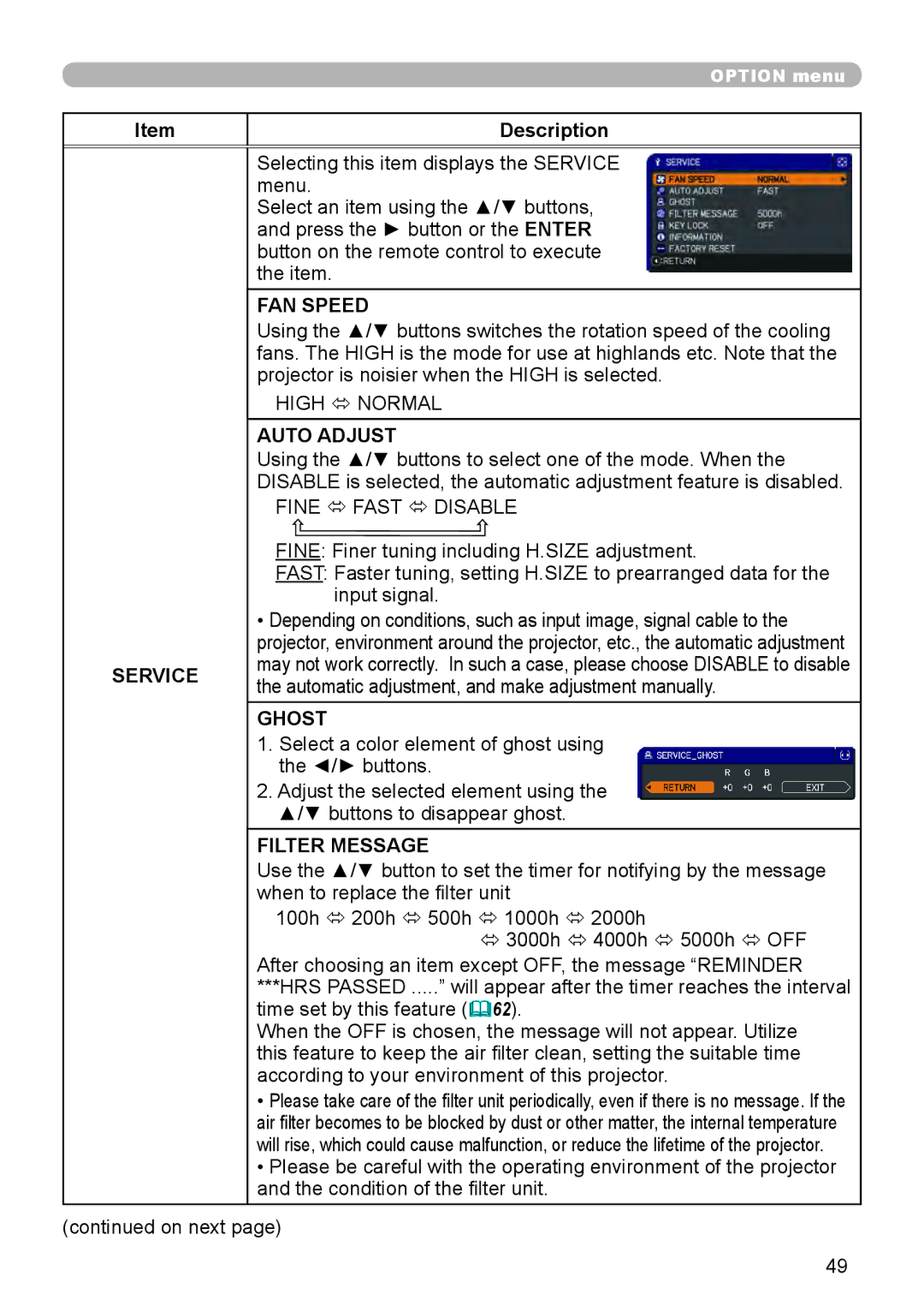 Dukane 8888 user manual Service, FAN Speed, Ghost, Filter Message 