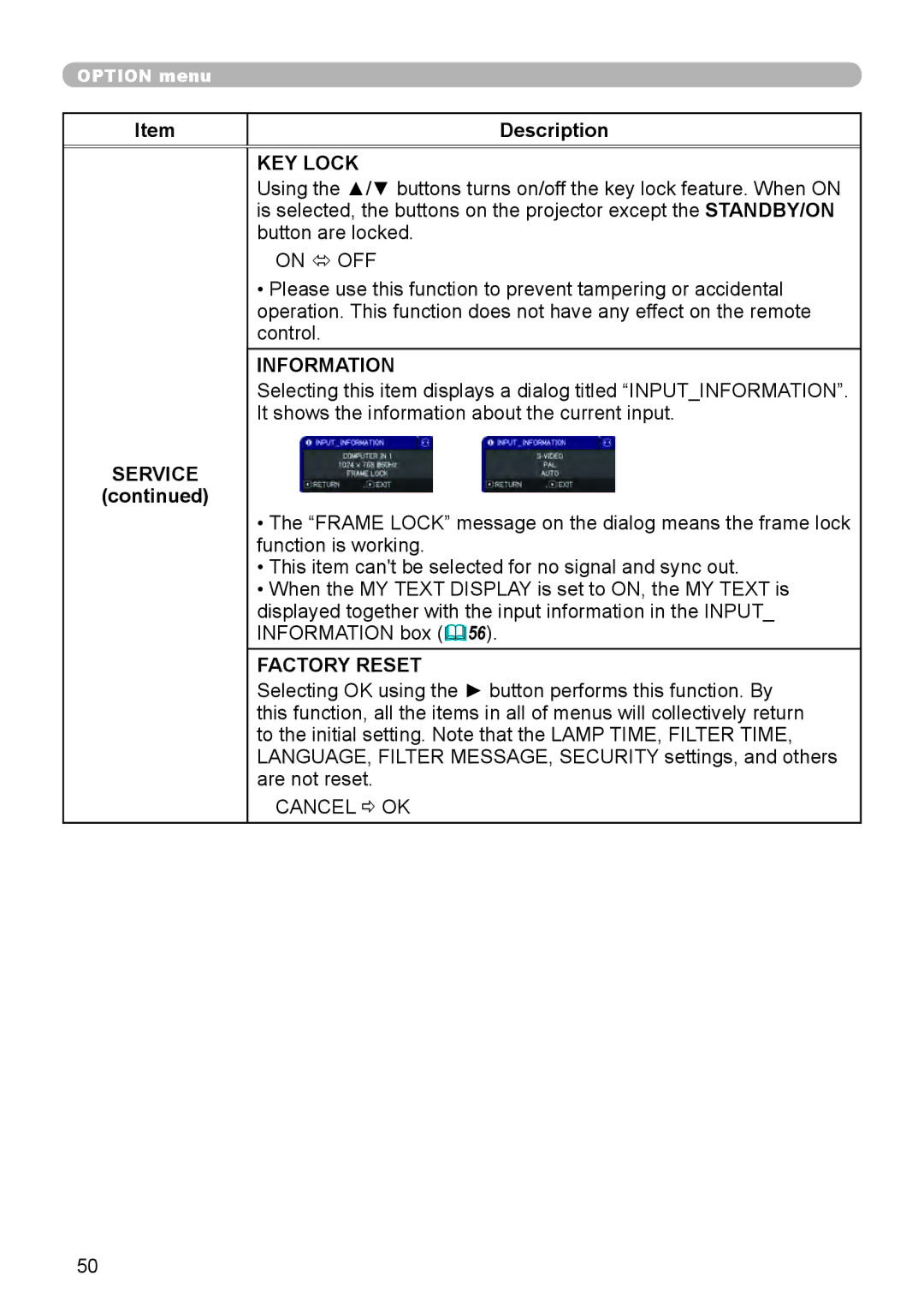 Dukane 8888 user manual KEY Lock, Information, Factory Reset 