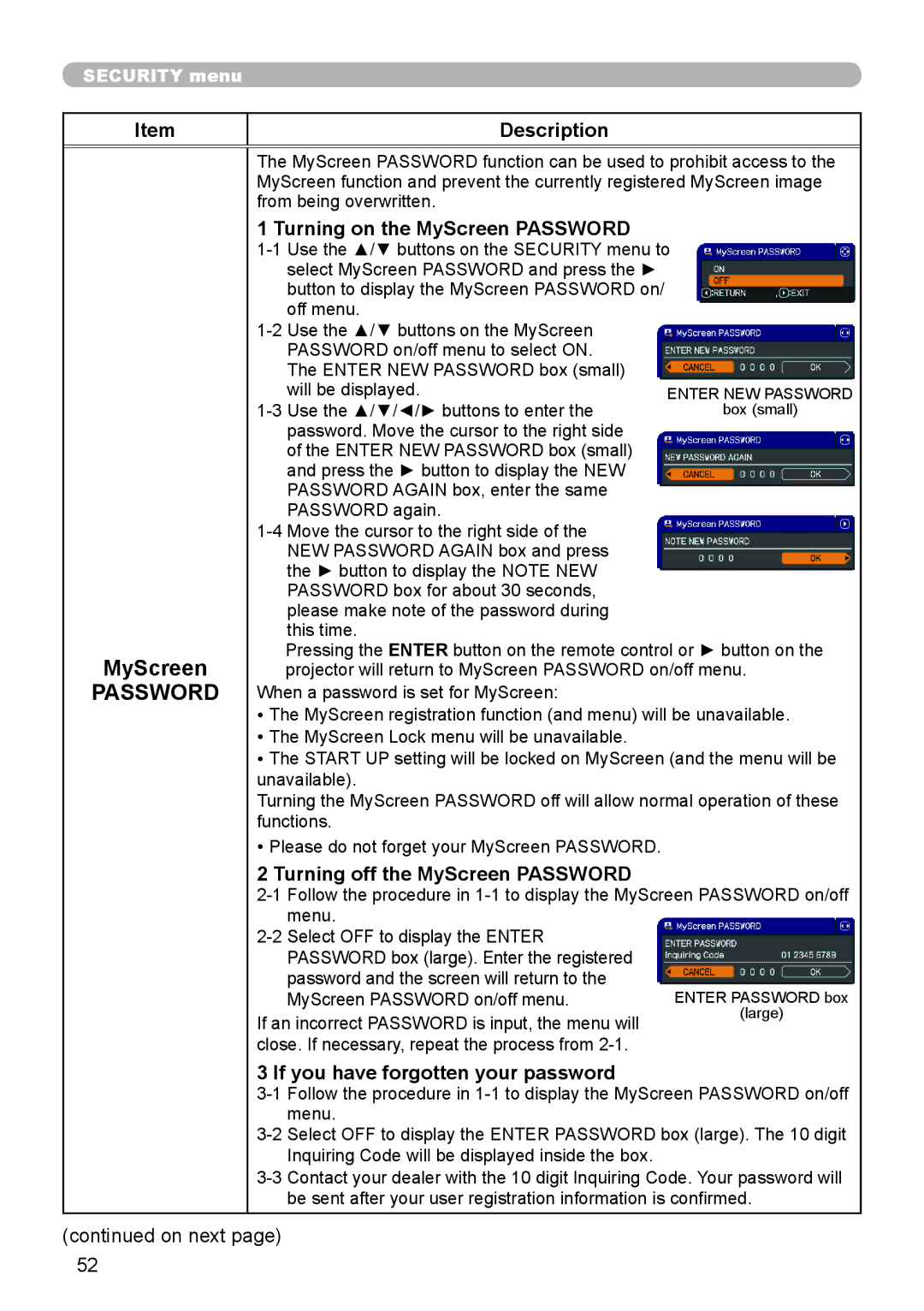 Dukane 8888 user manual Turning on the MyScreen Password, Turning off the MyScreen Password 