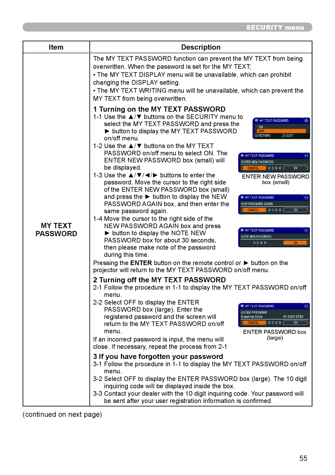 Dukane 8888 user manual Turning on the MY Text Password, Turning off the MY Text Password 