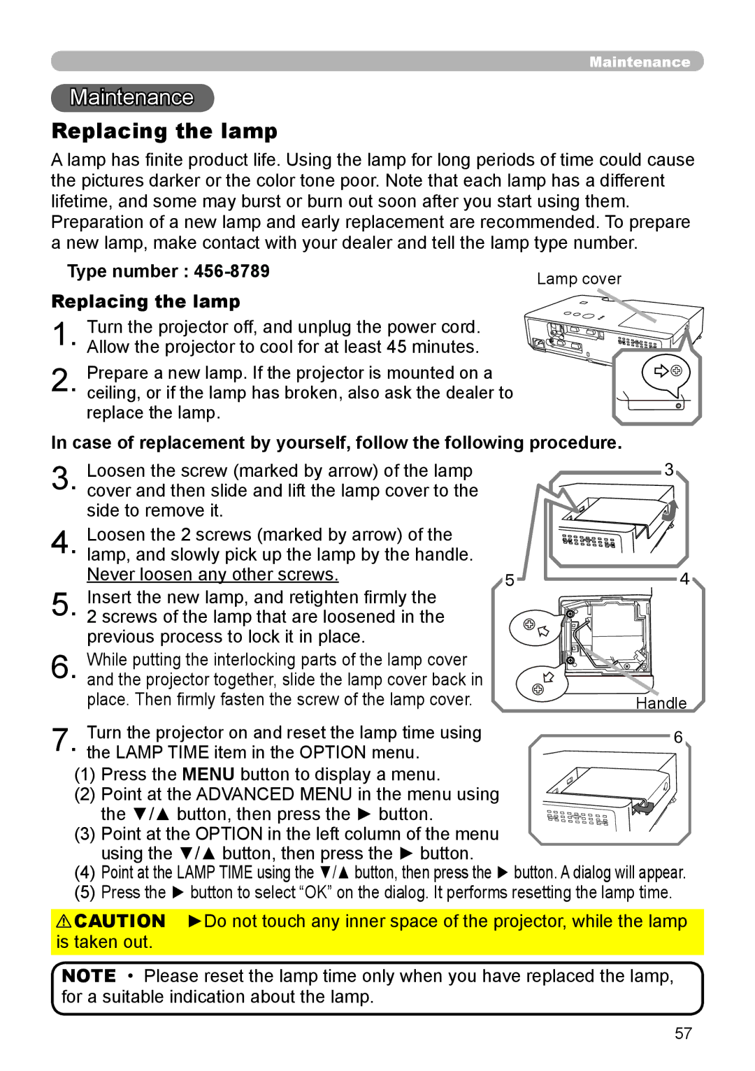 Dukane 8888 user manual Maintenance, Replacing the lamp, Type number 