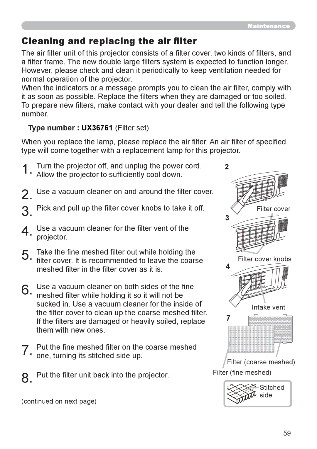 Dukane 8888 user manual Cleaning and replacing the air filter, Type number UX36761 Filter set 