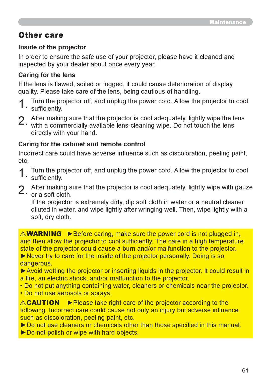 Dukane 8888 user manual Other care, Inside of the projector, Caring for the lens, Caring for the cabinet and remote control 