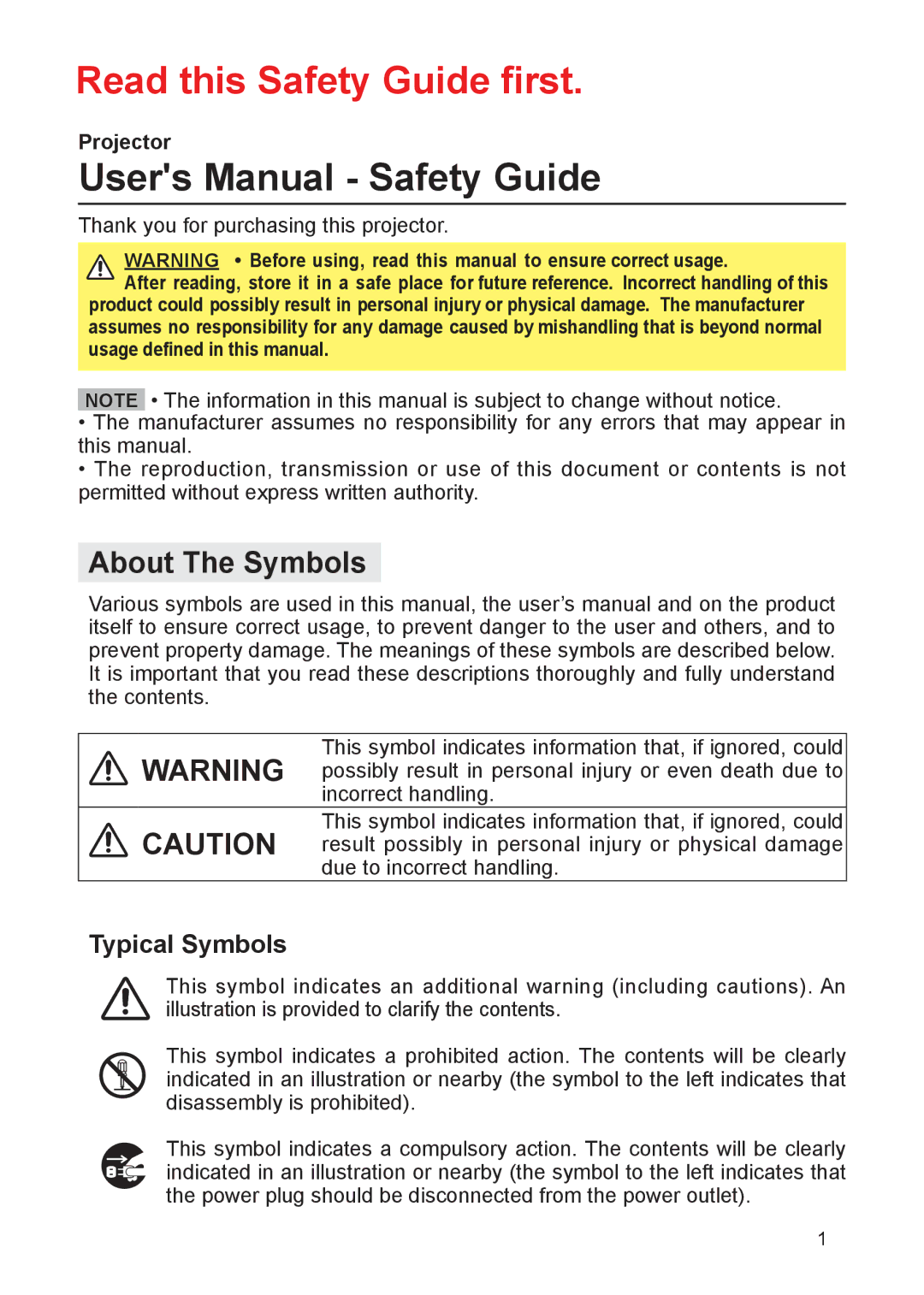 Dukane 8755G-RJ, 8912-RJ user manual Typical Symbols, Projector, Thank you for purchasing this projector 