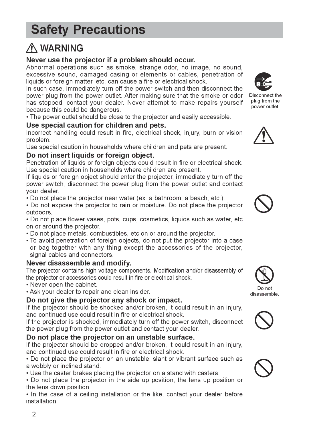 Dukane 8912-RJ, 8755G-RJ Never use the projector if a problem should occur, Use special caution for children and pets 