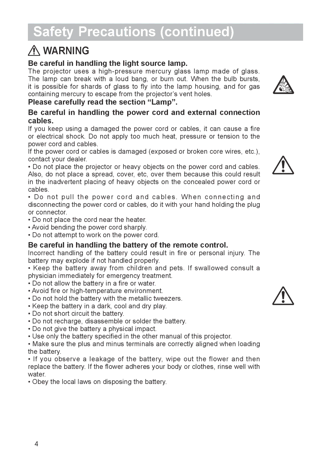 Dukane 8912-RJ Be careful in handling the light source lamp, Be careful in handling the battery of the remote control 