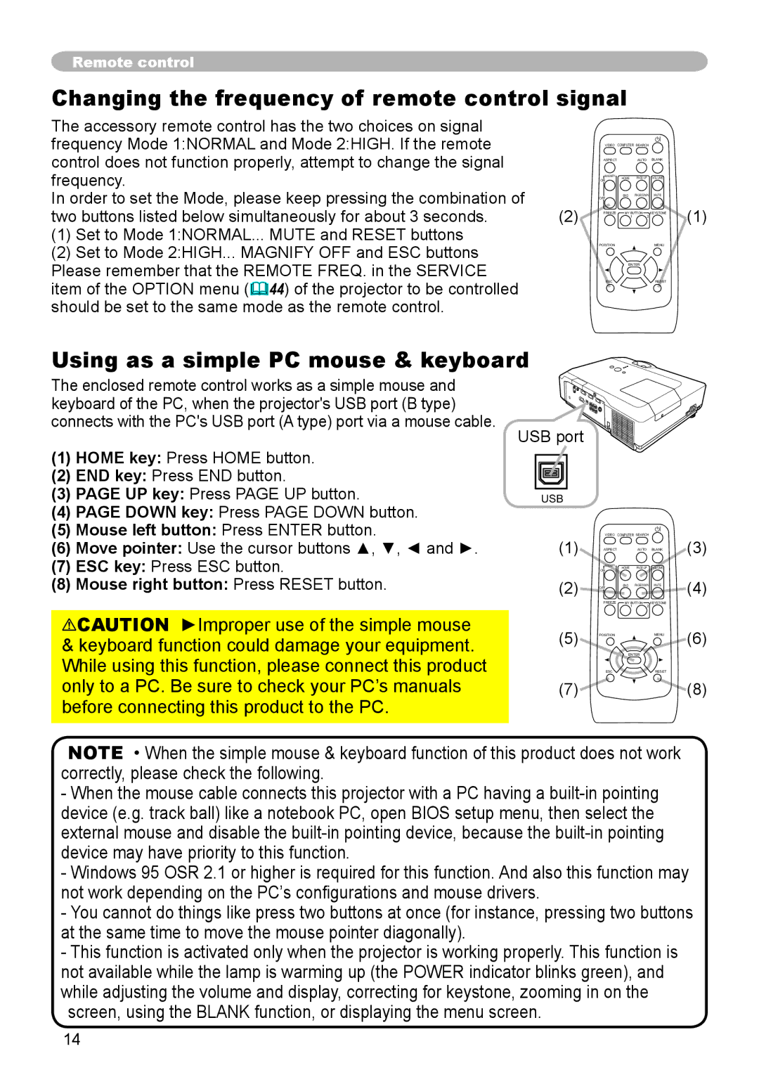 Dukane 8755G-RJ, 8912-RJ user manual Changing the frequency of remote control signal, Using as a simple PC mouse & keyboard 