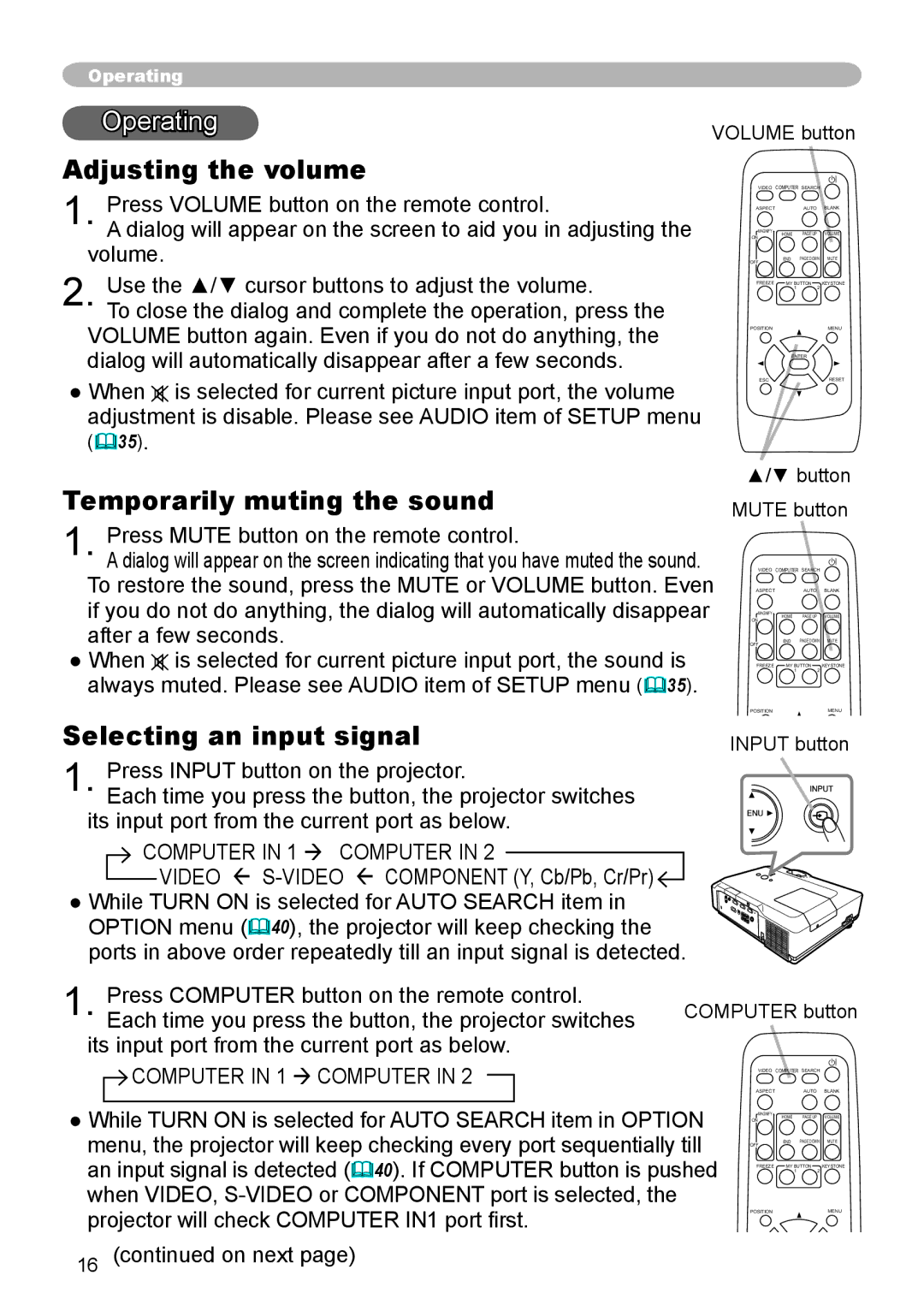 Dukane 8755G-RJ, 8912-RJ Operating, Adjusting the volume, Temporarily muting the sound, Selecting an input signal 