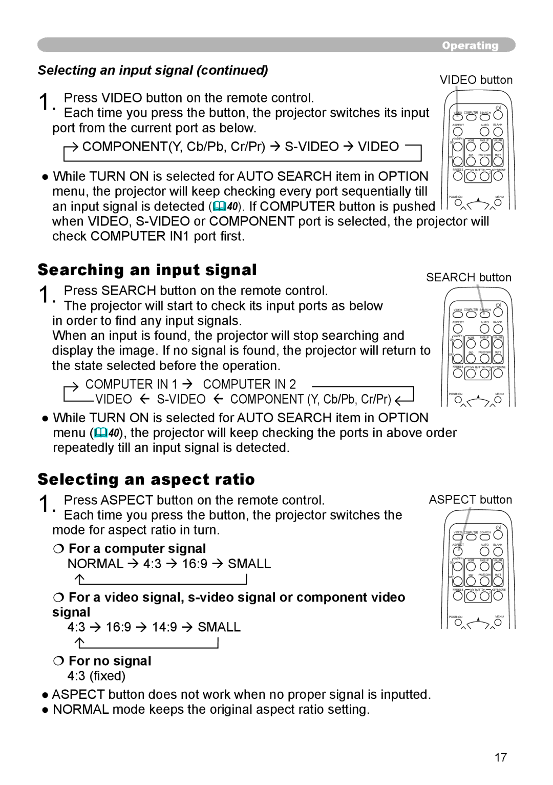 Dukane 8912-RJ Searching an input signal, Selecting an aspect ratio, Selecting an input signal,  For a computer signal 