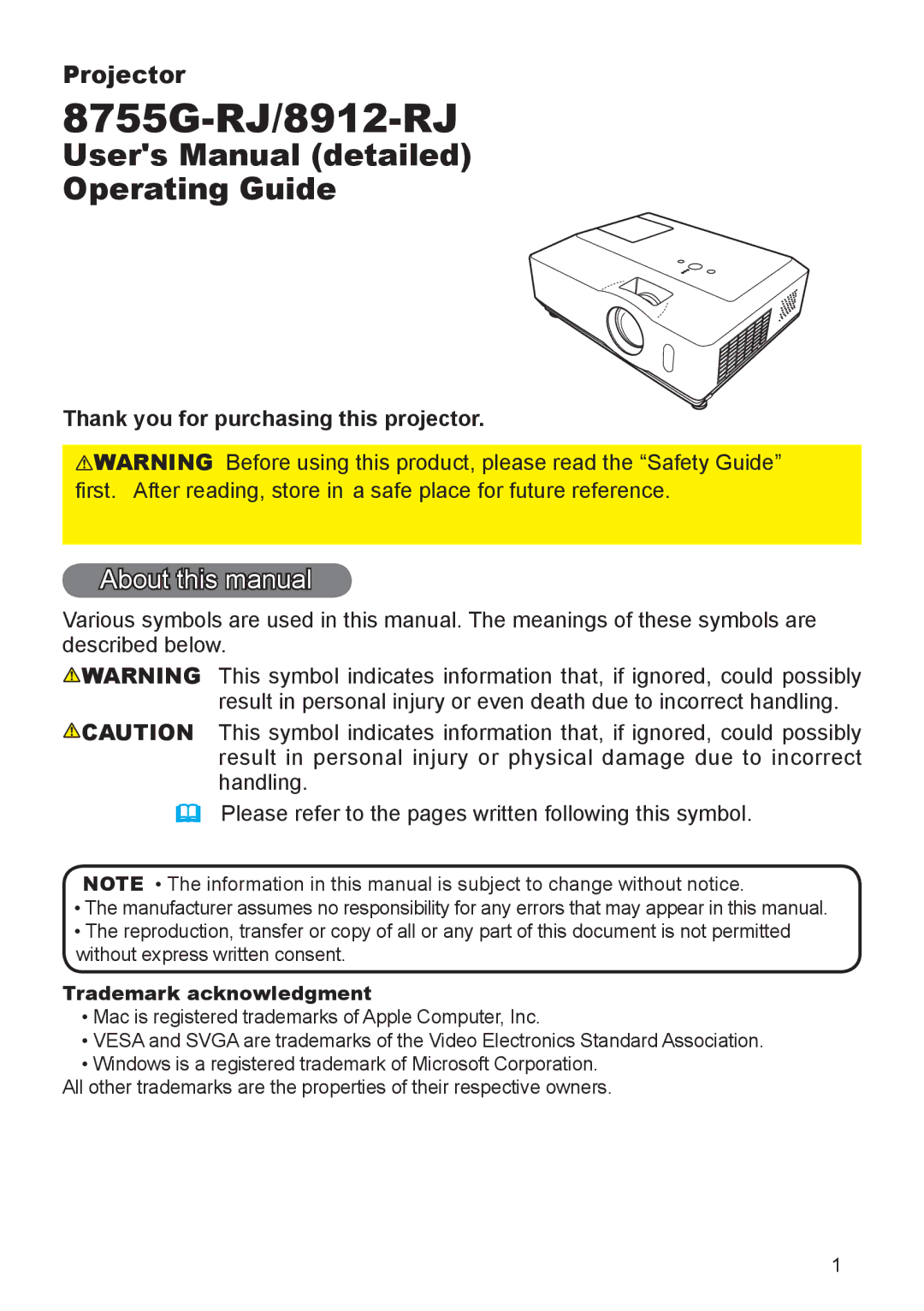 Dukane 8912-RJ, 8755G-RJ user manual About this manual, Thank you for purchasing this projector, Trademark acknowledgment 