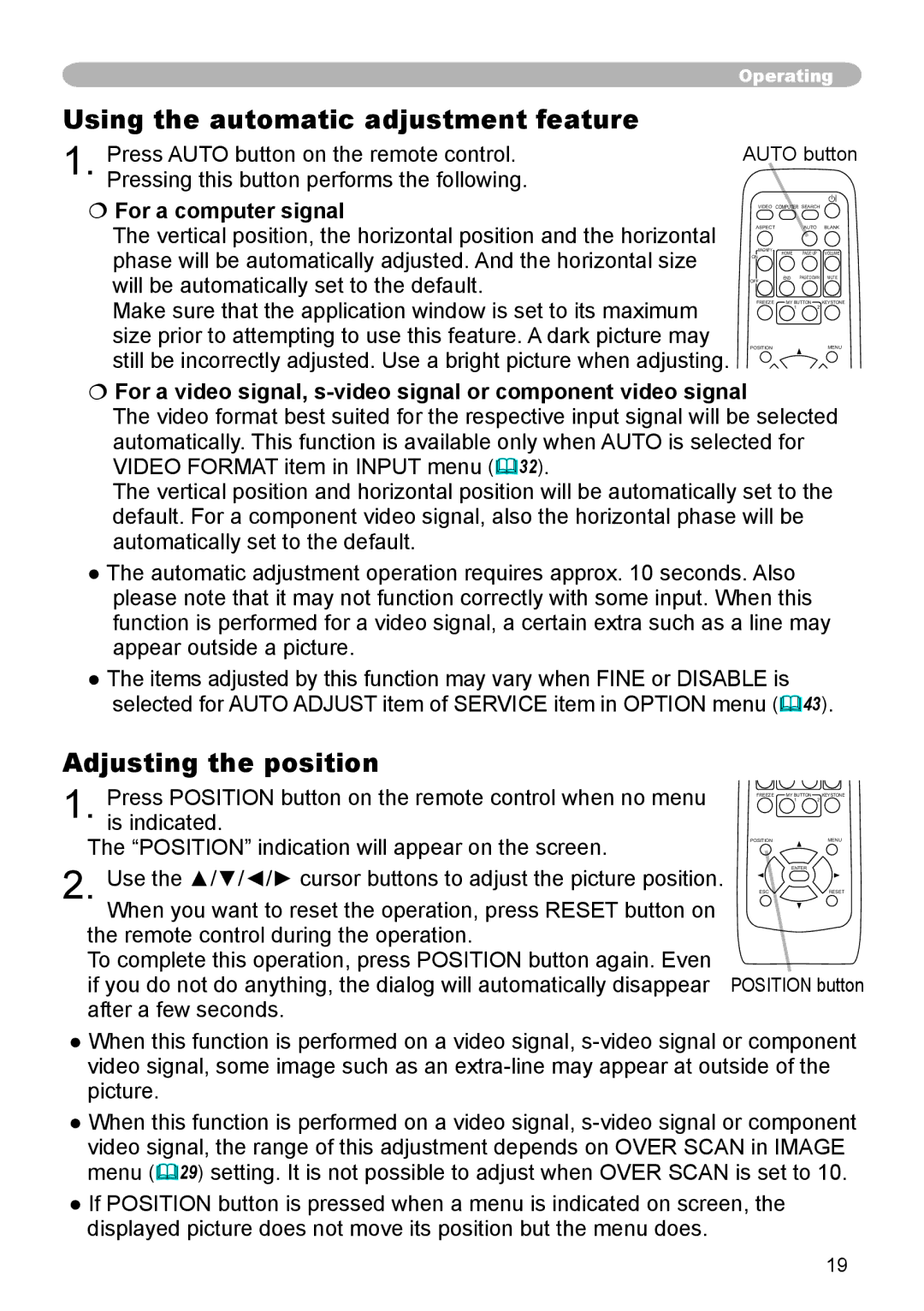 Dukane 8912-RJ Using the automatic adjustment feature, Adjusting the position, Press Auto button on the remote control 