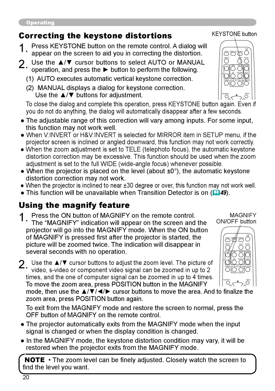 Dukane 8755G-RJ, 8912-RJ user manual Correcting the keystone distortions, Using the magnify feature 