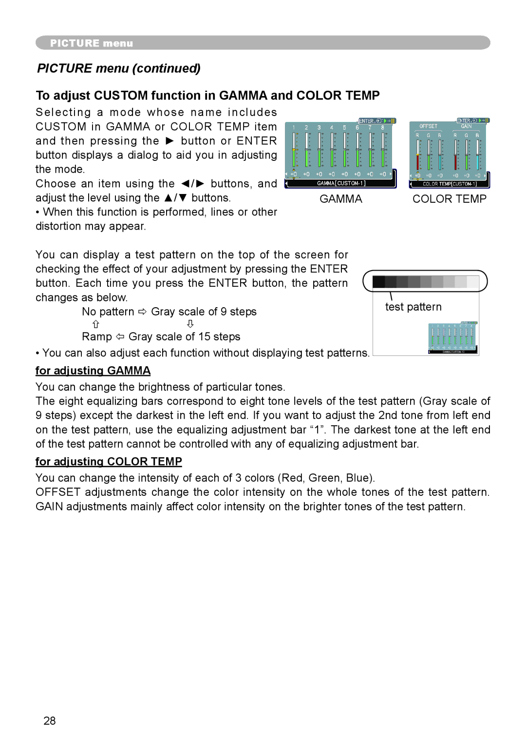 Dukane 8755G-RJ, 8912-RJ To adjust Custom function in Gamma and Color Temp, For adjusting Gamma, For adjusting Color Temp 