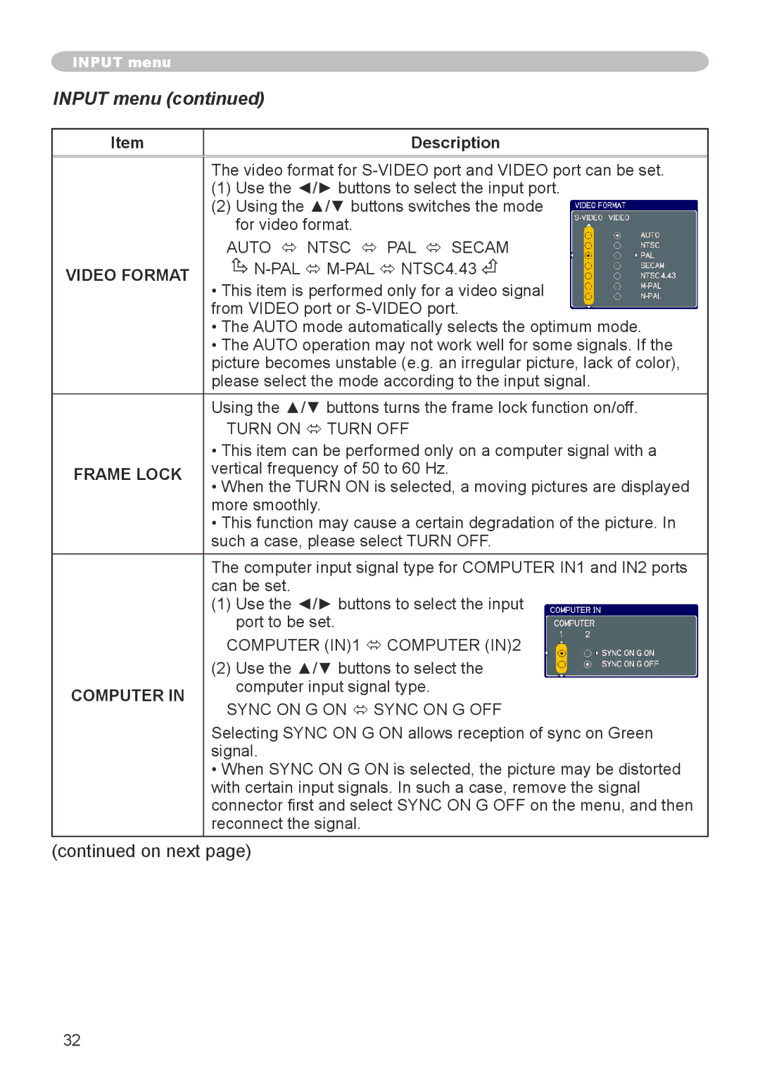 Dukane 8755G-RJ, 8912-RJ user manual Input menu, Video Format, Frame Lock, Computer 