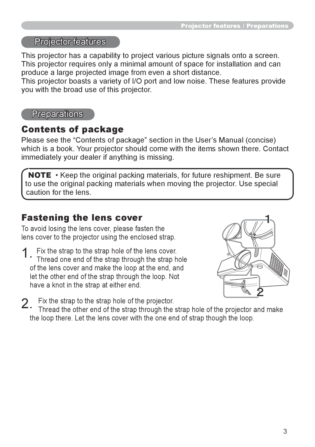 Dukane 8912-RJ, 8755G-RJ user manual Contents of package, Fastening the lens cover 