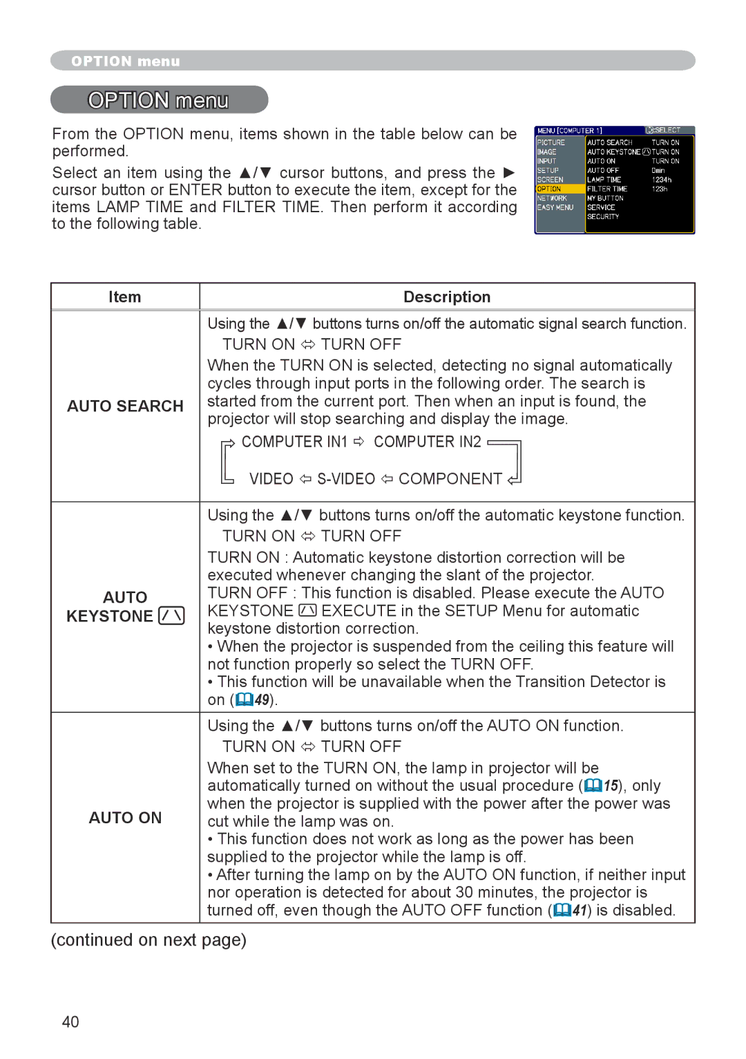 Dukane 8755G-RJ, 8912-RJ user manual Option menu, Auto Search, Auto on 