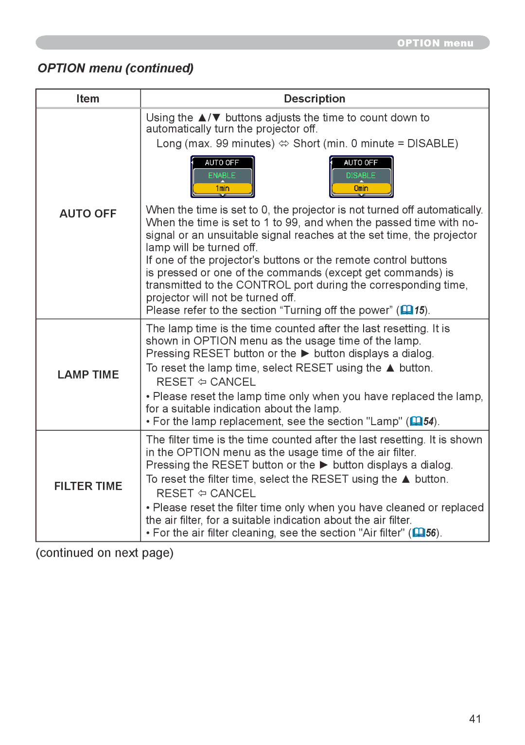 Dukane 8912-RJ, 8755G-RJ user manual Option menu, Auto OFF, Lamp Time 